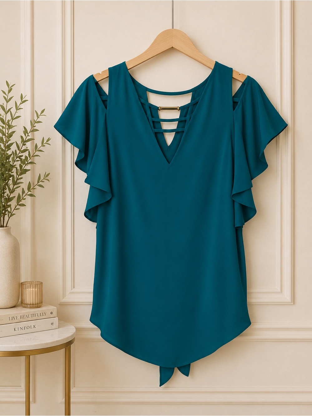 BCX Teal Cold-Shoulder Ruffle Sleeve V-Neck Top